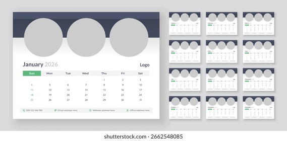 Desk calendar template 2026, Printable desk calendar 2026 design layout, New Year 2026 table calendar, Week starts on Sunday.
