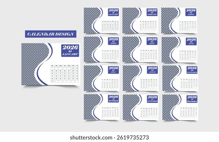 Desk Calendar Template 2026. Set of 12 calendar pages.