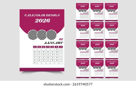Desk Calendar Template 2026.
 Set of 12 calendar pages.