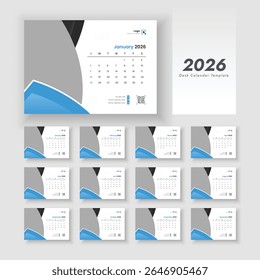 Desk Calendar Template 2026. Set of 12 calendar pages. The week starts on Sunday. Vector layout of a desk calendar 2026.