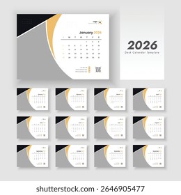 Desk Calendar Template 2026. Set of 12 calendar pages. Desk calendar with week start Sunday. Vector layout of a desk calendar 2026.