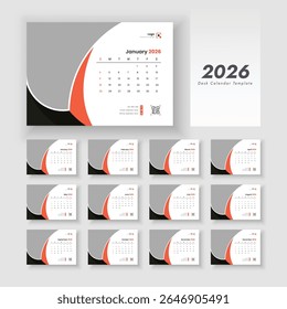 Desk Calendar Template 2026. Set of 12 calendar pages. The week starts on Sunday.