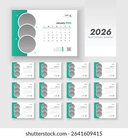 Desk Calendar Template 2026. Week start on Sunday. Calendar 2026 planner corporate template design set.