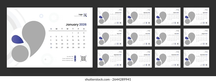 Modelo de Calendário de Mesa 2026. Calendário de mesa com início de semana domingo para impressão.