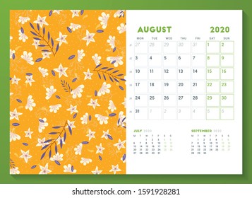 Desk calendar template for August 2020. Week starts on Monday. Design template with cute floral pattern. Vector illustration