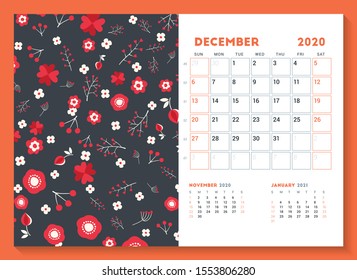 Desk calendar template for December 2020. Week starts on Sunday. Design template with cute floral pattern. Vector illustration