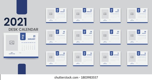 Desk calendar template design 2021, Week starts Sat day, Set of 12 Month, Print ready.