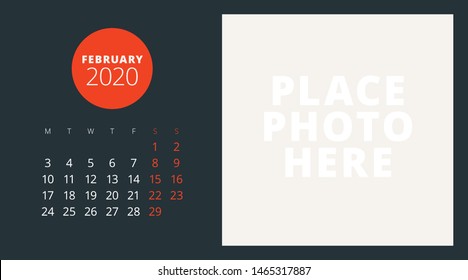 Desk calendar template for February 2020. Week starts on Monday. Typographic design template. Vector illustration