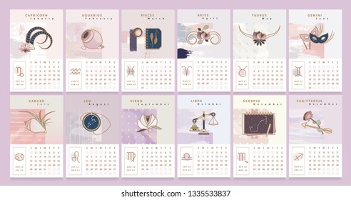 Desk calendar template with illustrated horoscope signs and glyphs in feminine artistic style