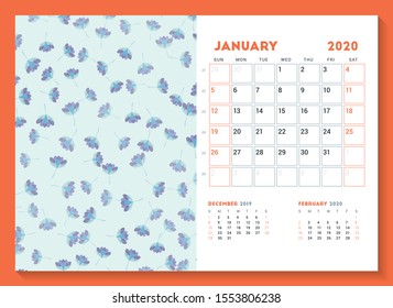 Desk calendar template for January 2020. Week starts on Sunday. Design template with cute floral pattern. Vector illustration