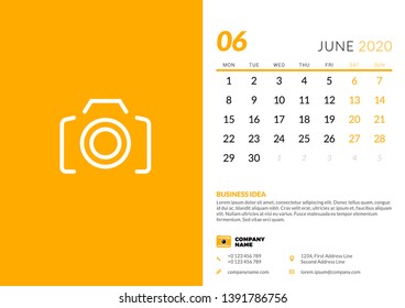 Desk calendar template for June 2020. Week starts on Monday. Typographic design template. Vector illustration