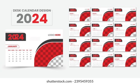 Desk calendar template layout with geometric shapes.