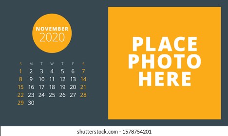 Desk calendar template for November 2020. Week starts on Sunday. Typographic design template. Vector illustration