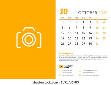 Desk calendar template for October 2020. Week starts on Monday. Typographic design template. Vector illustration