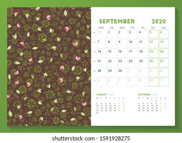 Desk calendar template for September 2020. Week starts on Monday. Design template with cute floral pattern. Vector illustration