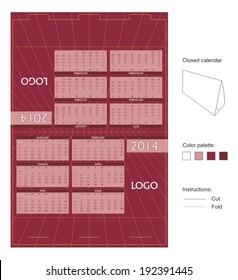 Desk calendar template with two sides, six months on each side, red background