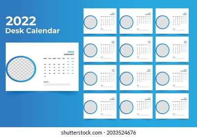 Desk Calendar template.The week monday on Sunday. Set of 12 Month
