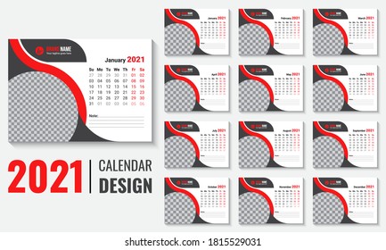Desk Calendar vector design template 2021. Week starts on Sunday. 12 pages print ready vector calendar design template with place for company logo and image. Week starts on Sunday.