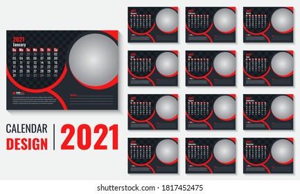 Desk Calendar vector design template 2021. Week starts on Sunday. 12 pages print ready vector calendar design template with place for company logo and image. Week starts on Sunday.