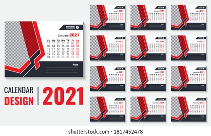 Desk Calendar vector design template 2021. Week starts on Sunday. 12 pages print ready vector calendar design template with place for company logo and image. Week starts on Sunday.