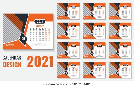 Desk Calendar vector design template 2021. Week starts on Sunday. 12 pages print ready vector calendar design template with place for company logo and image. Week starts on Sunday.