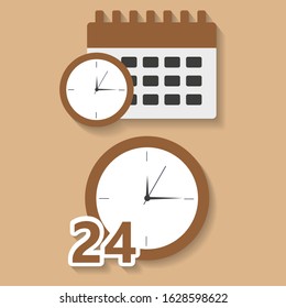 Desk calendar and wall clock on a brown background