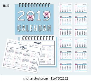 Desk calendar year 2019 with cartoon pig muzzle on cover. Set of 12-month isolated pages and  full calendar year 2019, 2020. English language. Week starts on Sunday. eps 10