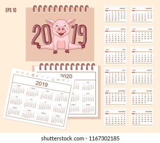 Desk calendar year 2019 with cute cartoon piggy on cover. Set of 12-month isolated pages and  full calendar year 2019, 2020. English language. Week starts on Sunday. eps 10
