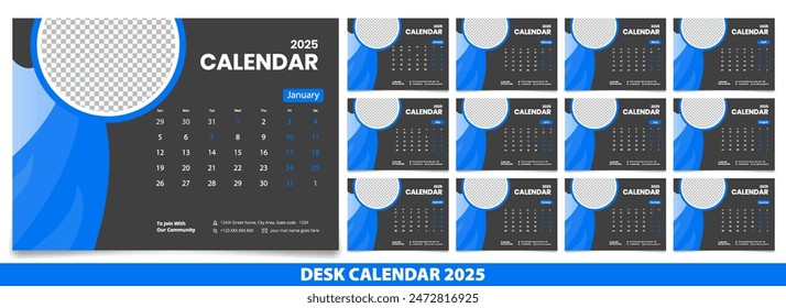 desk calendar for the year 2025. It has a geometric pattern in the background. The calendar is divided into 12 months, with each month having a different design. 