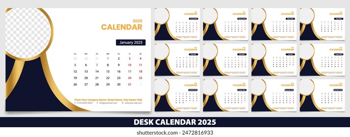 desk calendar for the year 2025. It has a geometric pattern in the background. The calendar is divided into 12 months, with each month having a different design. 