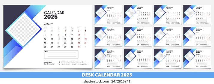 desk calendar for the year 2025. It has a geometric pattern in the background. The calendar is divided into 12 months, with each month having a different design. 