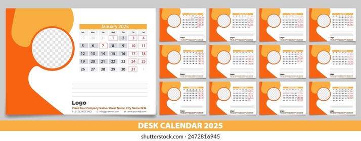 desk calendar for the year 2025. It has a geometric pattern in the background. The calendar is divided into 12 months, with each month having a different design. 