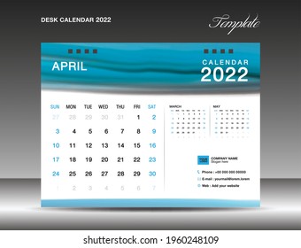 Desk calender 2022, April month template, Calendar 2022 template, planner, simple, Wall calendar design, week starts on sunday, printing graphic, advertiement, Blue watercolor background, vector