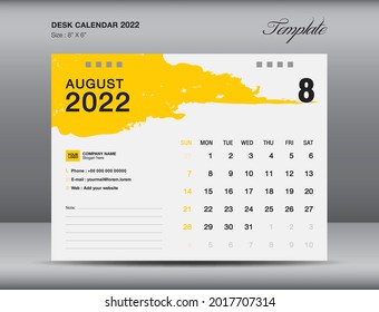 Desk Calender 2022 Design, August Month Template, Calendar 2022 Template, Planner, Simple, Wall Calendar Design, Week Starts On Sunday, Printing, Advertiement, Yellow Brushstroke Background, Vector