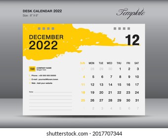 Diseño de calendario de escritorio 2022, plantilla de mes de diciembre, plantilla de calendario 2022, planificador, sencillo, diseño de calendario de pared, semana comienza el domingo, impresión, publicidad, fondo de pinceles amarillo, vector