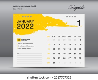 Desk calender 2022 design, January month template, Calendar 2022 template, planner, simple, Wall calendar design, week starts on sunday, printing, advertiement, Yellow brushstroke background, vector