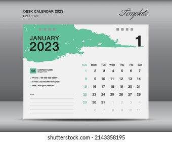 Desk calender 2023 design, January month template, Calendar 2023 template, planner, simple, Wall calendar design, week starts on sunday, printing, advertiement, Green brushstroke background, vector