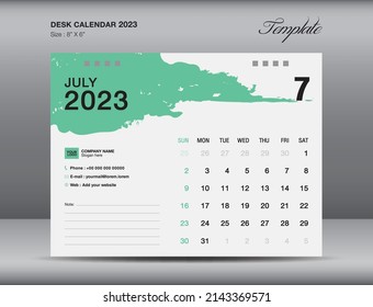 Desk calender 2023 design, July month template, Calendar 2023 template, planner, simple, Wall calendar design, week starts on sunday, printing, advertiement, Green brushstroke background, vector