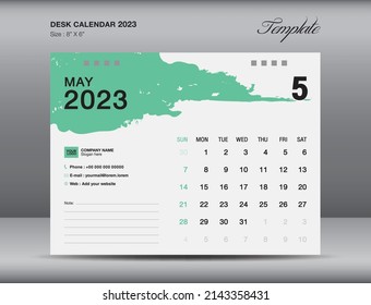 Desk calender 2023 design, May month template, Calendar 2023 template, planner, simple, Wall calendar design, week starts on sunday, printing, advertiement, Green brushstroke background, vector