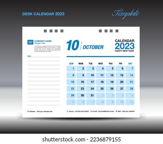 Desk calender 2023 design, October 2023 template, Calendar 2023 template, planner, simple, Wall calendar design, week starts on sunday, printing, advertiement, blue background, vector