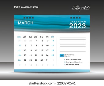 Desk calender 2023 - March 2023 template, Calendar 2023 design template, planner, simple, Wall calendar design, week starts on sunday, printing, advertiement, Blue watercolor background, vector