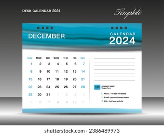 Desk calender 2024 - December 2024 template, Calendar 2024 design template, planner, simple, Wall calendar design, week starts on sunday, printing, advertiement, Blue watercolor background, vector