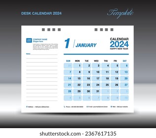 Desk calender 2024 design, January 2024 template, Calendar 2024 template, planner, simple, Wall calendar design, week starts on sunday, printing, advertiement, blue background, vector