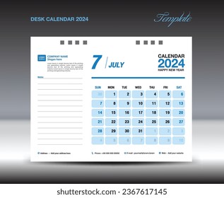 Desk calender 2024 design, July 2024 template, Calendar 2024 template, planner, simple, Wall calendar design, week starts on sunday, printing, advertiement, blue background, vector