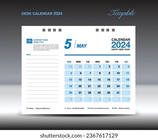Desk calender 2024 design, May 2024 template, Calendar 2024 template, planner, simple, Wall calendar design, week starts on sunday, printing, advertiement, blue background, vector
