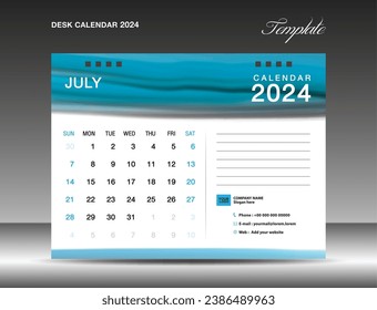 Desk calender 2024 - July 2024 template, Calendar 2024 design template, planner, simple, Wall calendar design, week starts on sunday, printing, advertiement, Blue watercolor background, vector