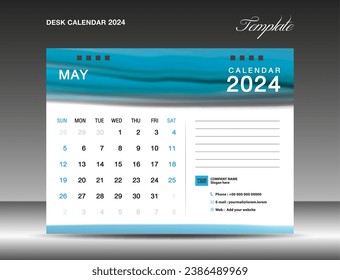 Desk calender 2024 - May 2024 template, Calendar 2024 design template, planner, simple, Wall calendar design, week starts on sunday, printing, advertiement, Blue watercolor background, vector