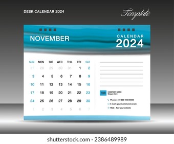 Desk calender 2024 - November 2024 template, Calendar 2024 design template, planner, simple, Wall calendar design, week starts on sunday, printing, advertiement, Blue watercolor background, vector