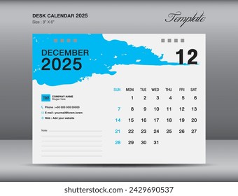 Desk calender 2025 design, December 2025 template, Calendar 2025 template, planner, simple, Wall calendar design, week starts on sunday, printing, advertiement, blue brushstroke background, vector