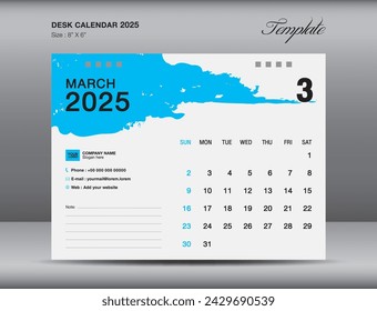 Desk calender 2025 design, March 2025 template, Calendar 2025 template, planner, simple, Wall calendar design, week starts on sunday, printing, advertiement, blue brushstroke background, vector